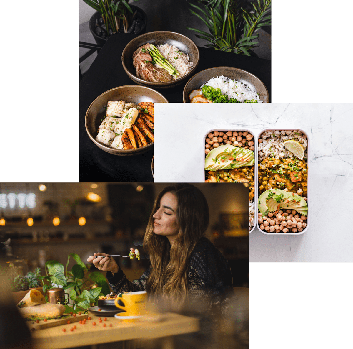 Woman enjoying food, meals in storage container, and foo bowls on a table